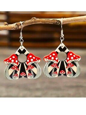 Mushroom Earrings Dangle Groovy Polka Dots Boho Hippie Core Trippy Stylish Fun